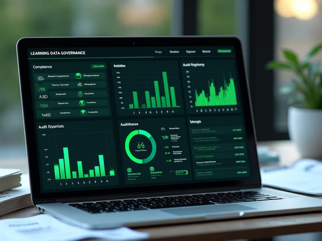 TrustLayer Learning Data Governance Dashboard showing compliance metrics, audit essentials, and analytics